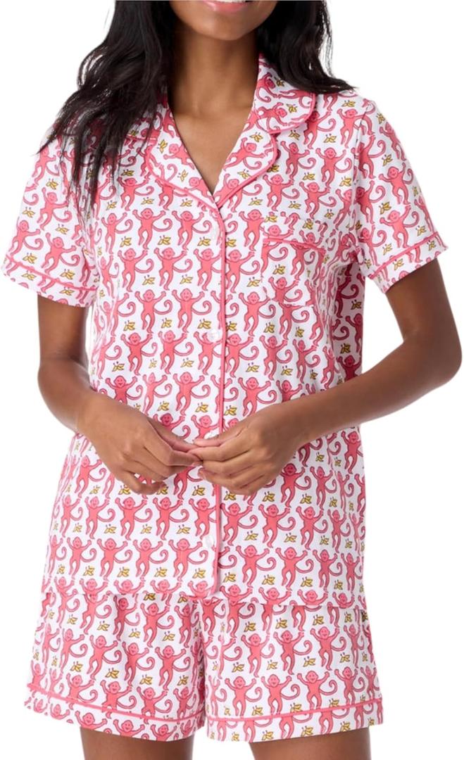 Zelbuck Womens Y2k Preppy Pajamas Set, 2 Piece Button Down Monkey Beach Shorts Set Holiday Vacation Loungewear Pjs for Jammies Back to School Party Birthday Gifts(Pink, Medium)