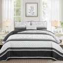 Quilt Set Queen Size, Black Striped Quilt Queen Boho Patchwork Leaves Printed Bedspread Coverlet Set with 2 Pillowcases, 3 Piece Soft Lightweight Microfiber Quilt Bedding Set for All Season (96"x90")
