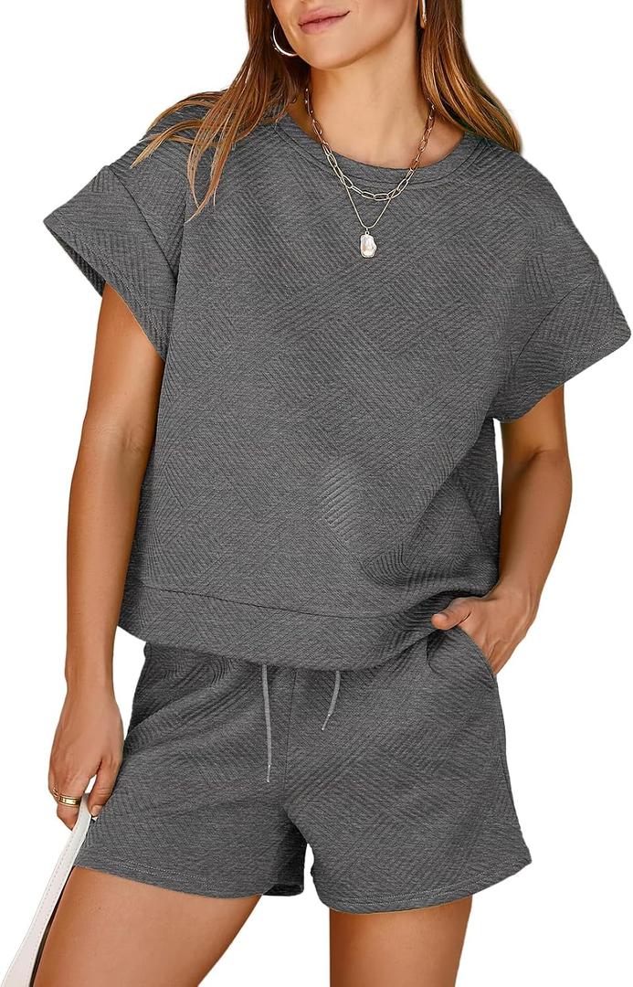 Dokotoo Women's 2 Piece Outfits Sweatsuit Casual Short Sleeve Pullover Tops and Drawstring Shorts Pants Lounge Sets (Gray, M)