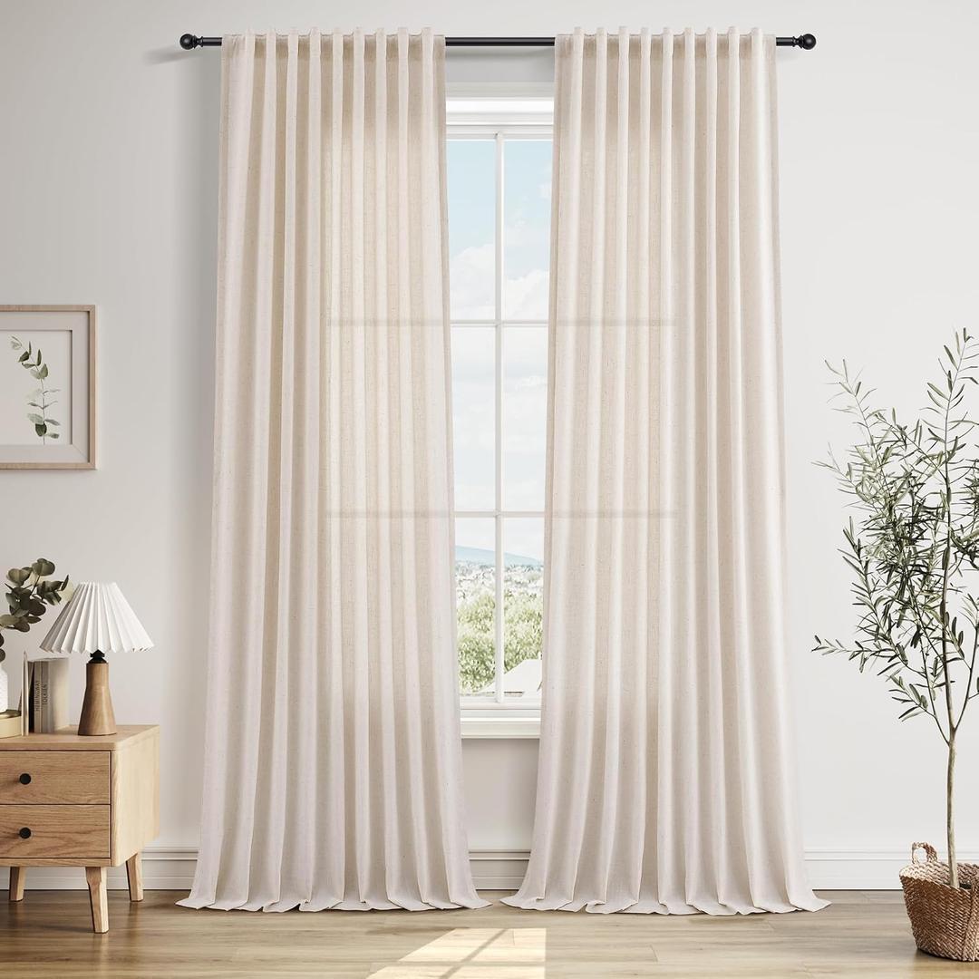 Nanspring Beige Linen Extra Long Curtains 120 Inch Length for Bedroom 2 Panels Set Back Tab Hook Belt Drapes Privacy Floor to Ceiling Airy & Lightweight Linen Curtain for Large Window 10 FT Tall