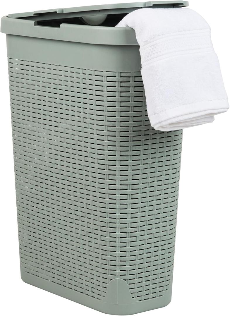 Mind Reader Slim Laundry Hamper with Lid, 40L Clothes Basket, Premium Wicker Design, Plastic, Mint (Single)