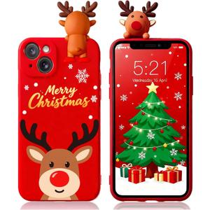Esakycn for iPhone 13 Christmas Case, Phone Case Silicone Red 3D Doll Toy Xmas with Design for Girls Women Present Slim Shockproof Soft Cute Cover Skin for iPhone 13 6.1". Deer