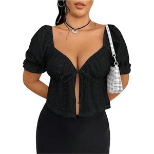 OYOANGLE Women's Plus Size Tie Front Sweetheart Neck Crop Top Puff Short Sleeve Flared Hem Tees XL
