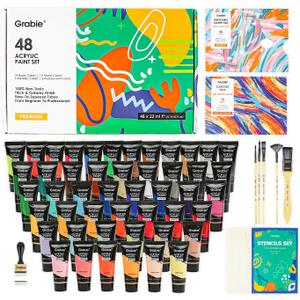 Grabie Acrylic Paint Set, 48 Colors, 5 Paint Brushes, 10-Sheet Canvas Paper, 36-Sheet Disposable Palette Paper, Stencil Set, Blending Tool