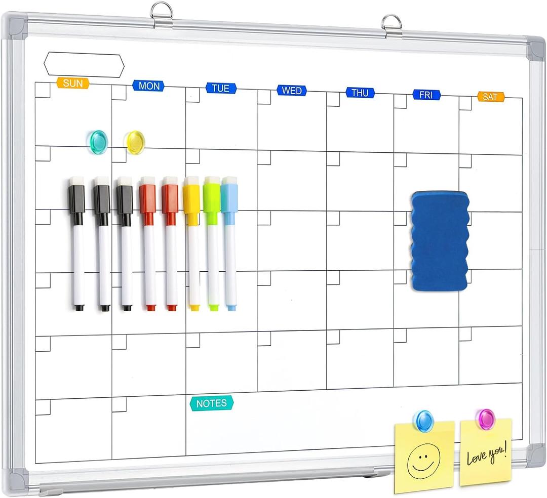 Dry Erase Calendar Whiteboard for Wall, 24" x 18" Magnetic Monthly White Board Calendar Dry Erase, Wall Hanging Aluminum Frame with Tray for Home, School, Office