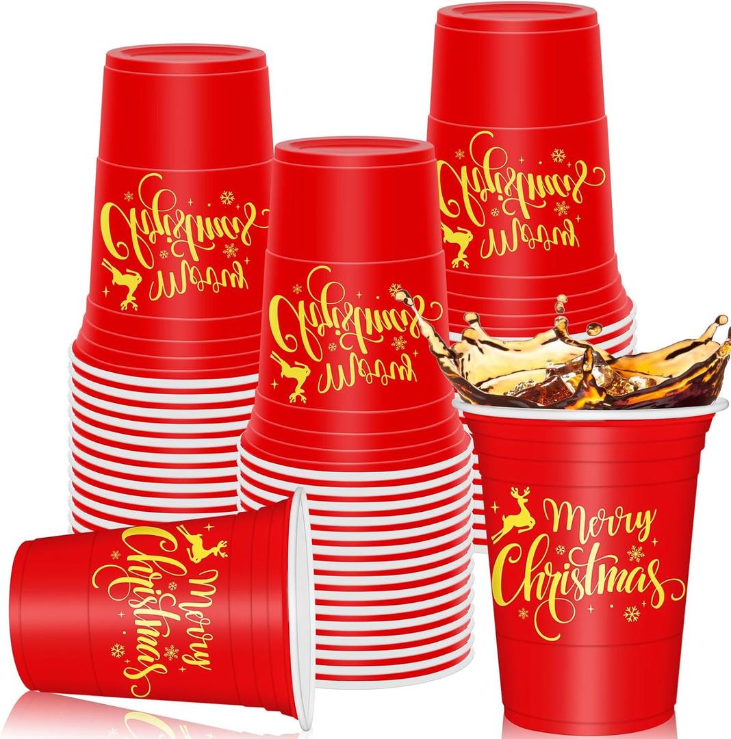 Whaline 50Pcs Merry Christmas Plastic Cups 16oz Red Gold Snowflake Deer Design Disposable Cups Decorative Xmas Party Cups for Hot Cold Drinks Coffee Juice Beer Candy Snacks