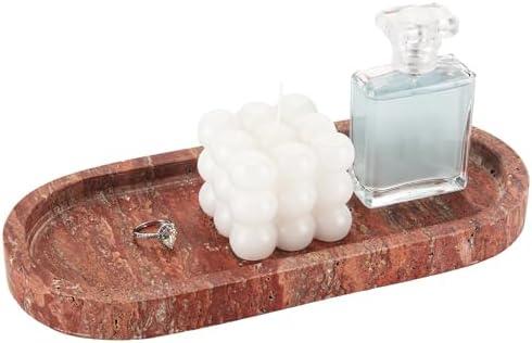 WORHE Italy Natural Travertine Stone Tray for Jewelry, Candles, Perfume, Trinket, Marble Oval Vanity Trays for Bathroom, Dresser, Kitchen, Countertop Storage Organizer for Home Decor Red (WH029)