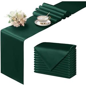 Manyshofu Dark Green Satin Table Runner 12x108 - 12 Pieces | Satin Fabric, Seamless Design With Tight Stitching, Silky Surface, Low-Heat Wrinkle Recovery, For Weddings And Parties