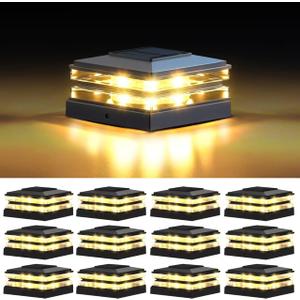 EXCMARK 4x4 Solar Post Cap Lights Outdoor Waterproof 12 Pack Fence Deck Post Lights with High-Brightness LEDs, Dual Light Modes Warm White & Cool White. (Classic Black, 12)