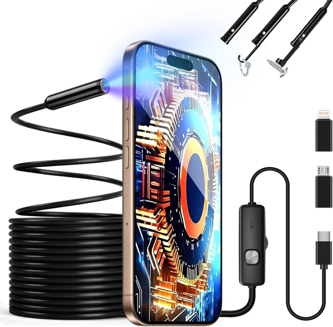 Endoscope Camera with Light, 1920P HD Borescope with 8 Adjustable LED Lights, Snake Camera with Semi-Rigid Cord, IP67 Waterproof Scope Tools for Pipe Inspection for iOS and Android,16.4ft Single Lens