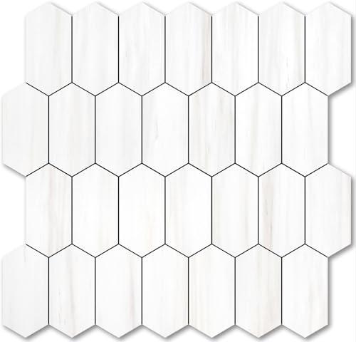 Vamos Tile Long Hexagon Peel and Stick Backsplash Tile - 10 Sheets Stick on Backsplash for Kitchen and Bathroom 12.4 x 12 Inch Dolomite Marble Look PVC Self Adhesive Mosaic Wall Tiles