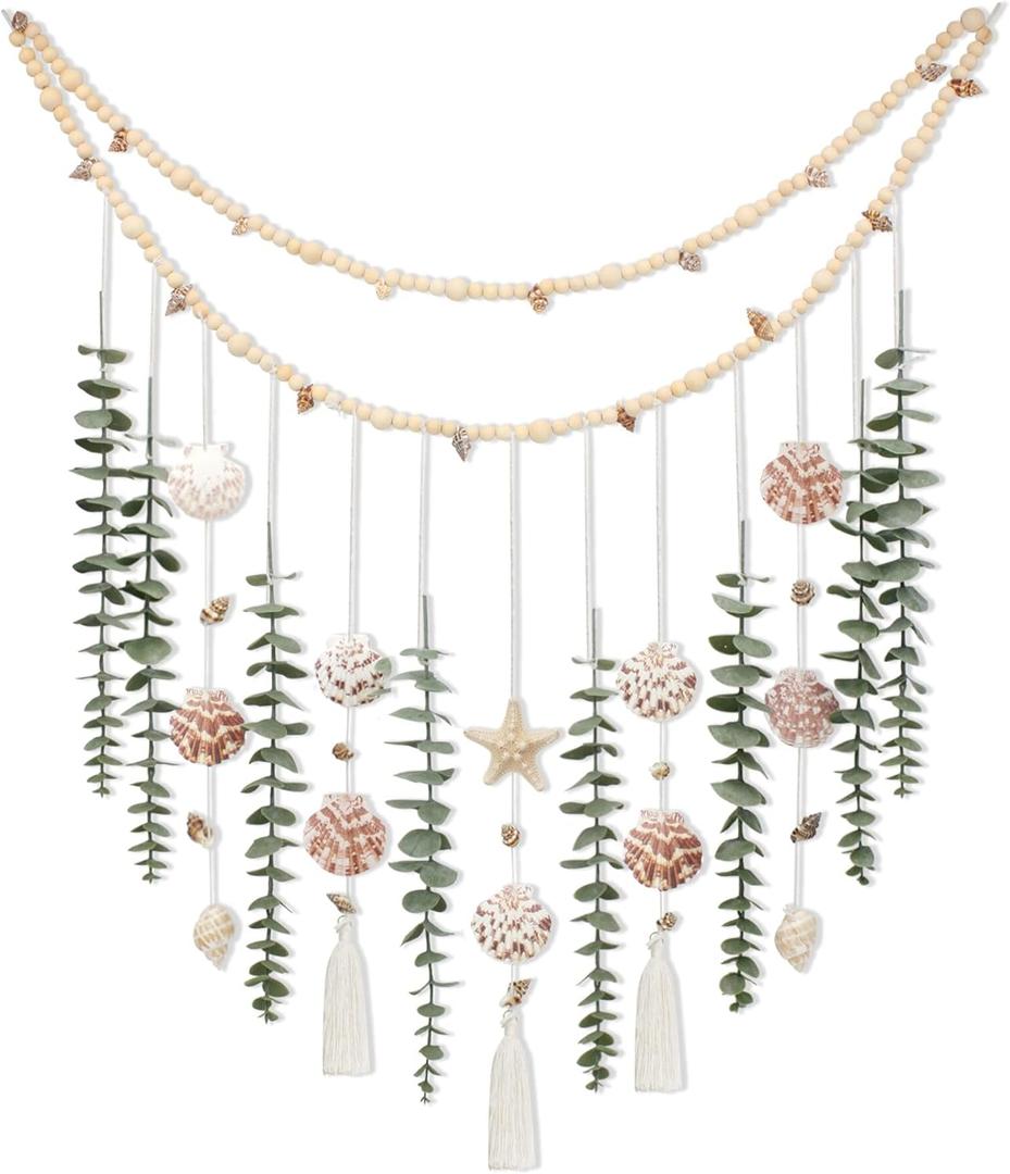 Artificial Eucalyptus Wall Decor with Seashell Coastal Decor Natural Home Decorations Hanging Wooden Bead Garland for Large Bedroom Bathroom Living Room, 32 x 32 Inch