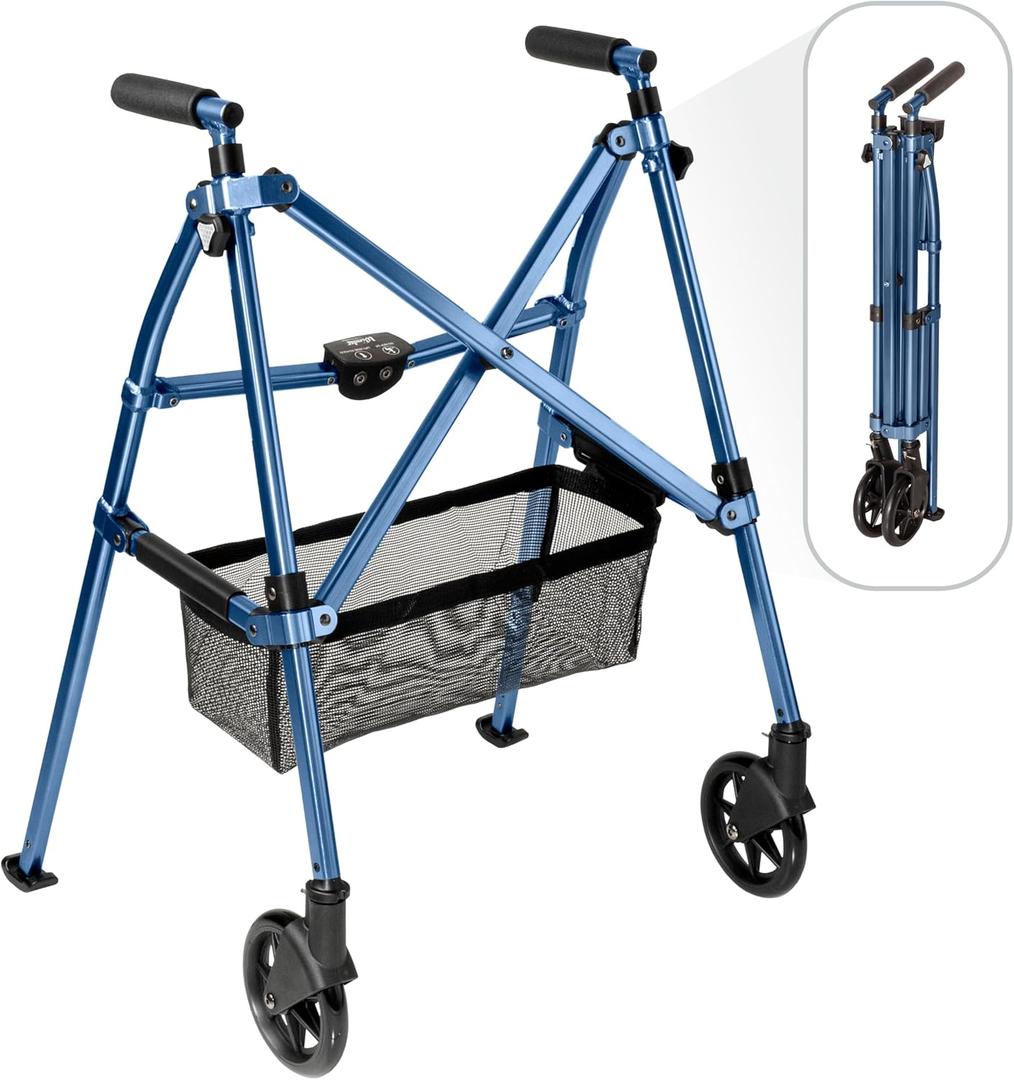 Stander Wonder Walker Plus, Lightweight Folding Mobility Aid for Adults, Seniors, and Elderly, Collapsible Travel EZ Fold-N-Go with Wheels, Glides, & Basket, Cobalt Blue