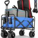 Collapsible Foldable Beach Wagon,Folding Wagon Cart with Big Wheels,Utility Grocery All Terrain Wagons carts Foldable with Brakes for Sand Camping Sports Outdoor(Lake Blue).