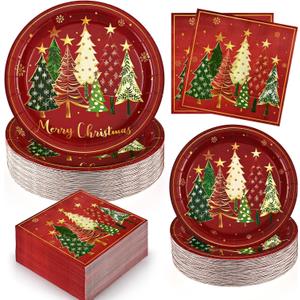 Homlouue 200 Pcs Christmas Paper Plates and Napkins, 9" Christmas Plates Disposable Heavy Duty, Xmas Tree Red Paper Plate Disposable Party Set, Holiday Plate and Napkins for Xmas Dinner Party