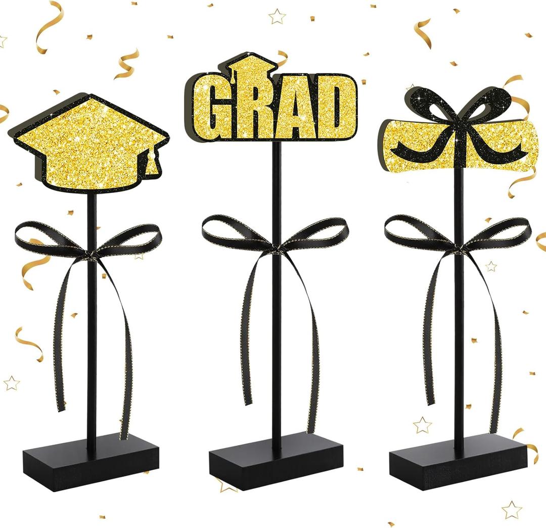 Black Gold Glitter Centerpieces for 2026 Graduation Decorations,Wooden Signs Grad Table Topper,Graduation Table Decorations for Class Of 2026 Party Decor and Party Favor(3 Pcs)