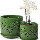 EFISPSS Orchid Pots with Holes,5+6 Inch Ceramic Plant Pots with Drainage Holes and Tray,Enhanced Drainage and Ventilation,Flower Pots for Indoor/Outdoor Plants for Repotting - Green 