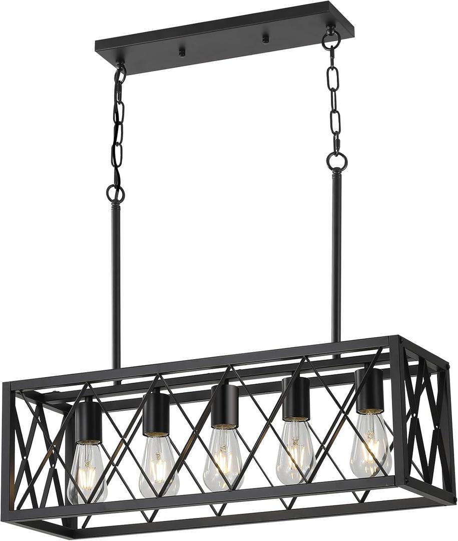 KEESFU 5 Light Dining Room Light Fixtures Over Table, Black Farmhouse Chandelier, Adjustable Height Hanging Pendant for Kitchen Island, Dining Table,Living Room.