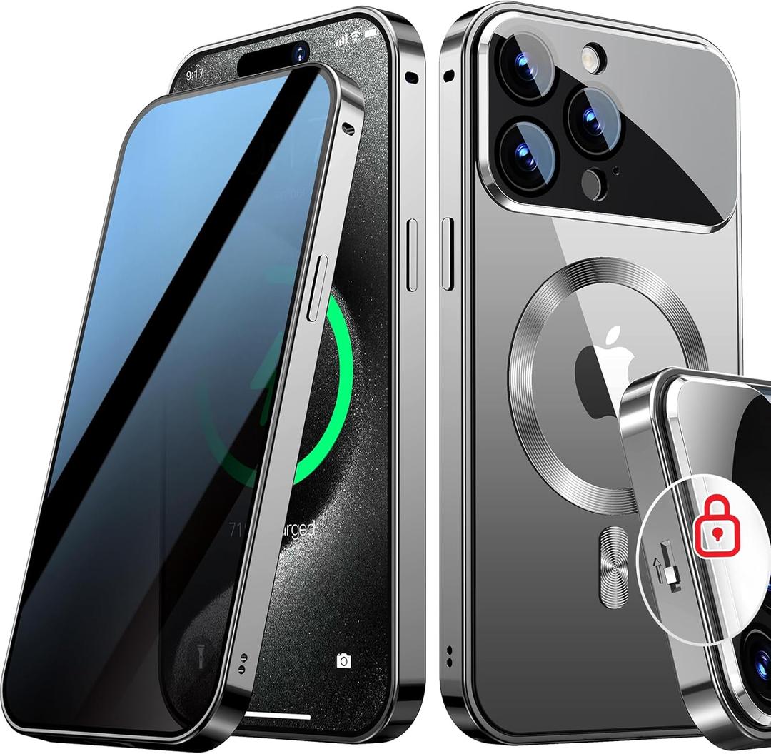 [Full Camera Protection& Mechanical Lock] Magnetic Privacy Case for iPhone 15 Pro Max[Compatible with MagSafe] [CD Metal Ring] Full Body Metal Bumper, 9H Anti Peeping Glass Cover-Grey