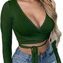 Artfish Women Sexy Deep V Neck Crop Top Bandage Wrap Tie Tight Cropped Fitted Cleavage Shirts XL