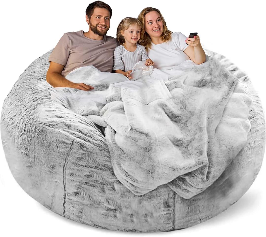 Bean Bag Chair Cover Without Filler,Big Round Soft Fluffy PV Velvet Washable Bean Bag Lazy Sofa Bed Cover for Adults,Living Room Bedroom Furniture Outside,6ft snow grey(No Filler)