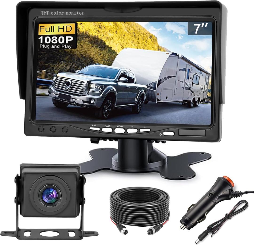 Truck RV Backup Camera with 7 Inch Monitor, AHD 1080P DIY Guide Lines No Delays Waterproof Wired Reverse Rear View Camera System for Car Trailer Camper
