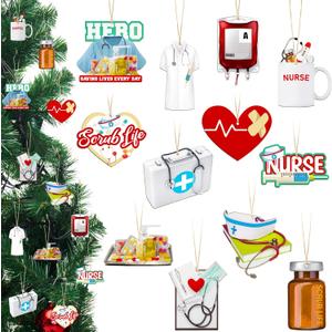 36 Pcs Christmas Nurse Ornament Tray Life Medicine Uniform Stethoscope First Aid Ornament Kit Nurse Appreciation Gifts Xmas Tree Decoration Gift for Christmas Tree Decor