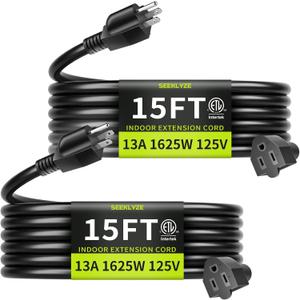 16/3 Black 15 FT (2Pack) Extension Cord, Indoor Extension Cord for Laptops, Coffee Makers, Office Home Appliances, 3 Prong Resistant Cable Flexible, 13A 125V 1625W ETL Listed