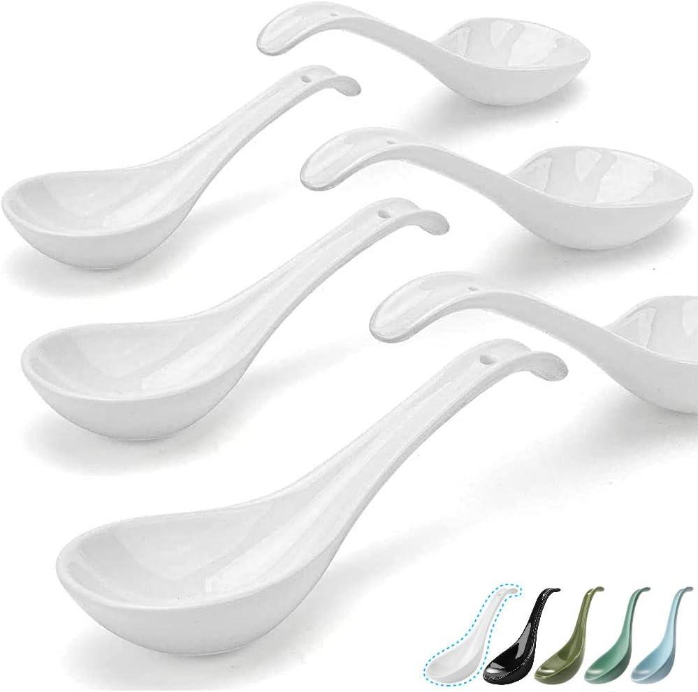 Artena Bright White 6.75 inch Asian Soup Spoons Set of 6, Ultra-fine Porcelain Tablespoon, Chinese/Japanese Kitchen Soup Spoons for Cereal, Ramen Pho - Deep Oval Hook Design (White)