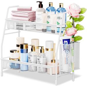 Famhap Bathroom Counter Organizer, Bathroom Organizer Countertop with Side Basket, Kitchen Countertop Organizer, Metal Spice Rack Organizer, White 13.8"x7"x12.6"