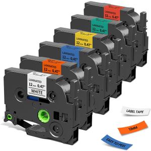 Replacement for Brother P Touch Label Maker Tape 12mm 0.47 Laminated Multicolor TZe TZ Tape, Compatible with PT-D210 D220 H110 D400 D600, White/Red/Blue/Yellow/Green/Orange, 1/2" x 26.2', 6-Pack