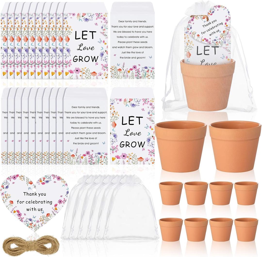 Ctosree 50 Sets Let Love Grow Wildflower Wedding Favors for Guests Include Self Adhesive Seed Packets Flowerpot Thank You Tags and Organza Gift Bags for Bridal Shower Wedding Party Favor