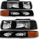 Headlight Assembly for 1999 2000 2001 2002 Chevy Silverado 1500 2500/1500HD 2500HD 3500/2000-2006 Tahoe/Suburban Black Housing Amber Reflector Pair