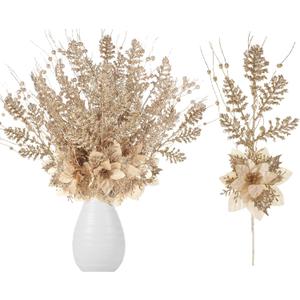 15 Pcs 17 Inch Christmas Artificial Glitter Berry Stem Ornaments with Poinsettia Flower, Xmas Glitter Poinsettia Flowers Picks for Christmas Tree Vase Holiday Party Home Decor(Champagne)