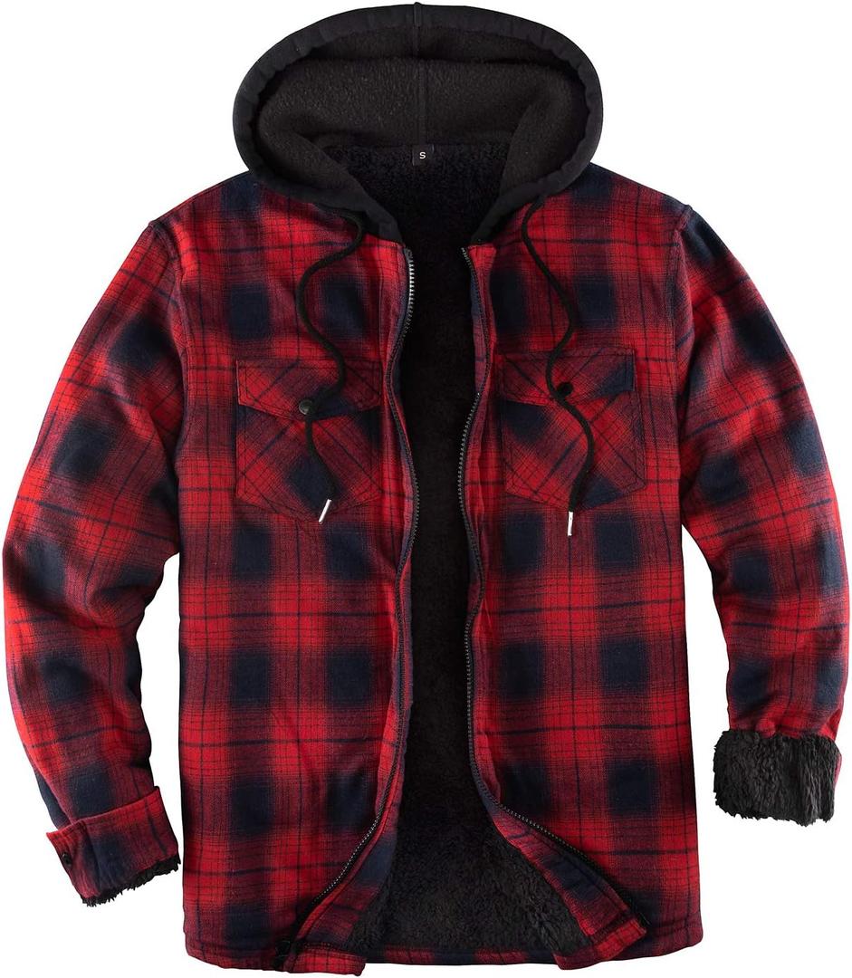 ZENTHACE Men's Sherpa Lined Full Zip Hooded Plaid Shirt Jacket (Large, Red/Grey)