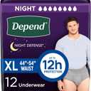 Depend Night Defense Adult Diapers, Incontinence Underwear for Men, Disposable, Overnight, Extra-Large, Grey, 12 Count XL