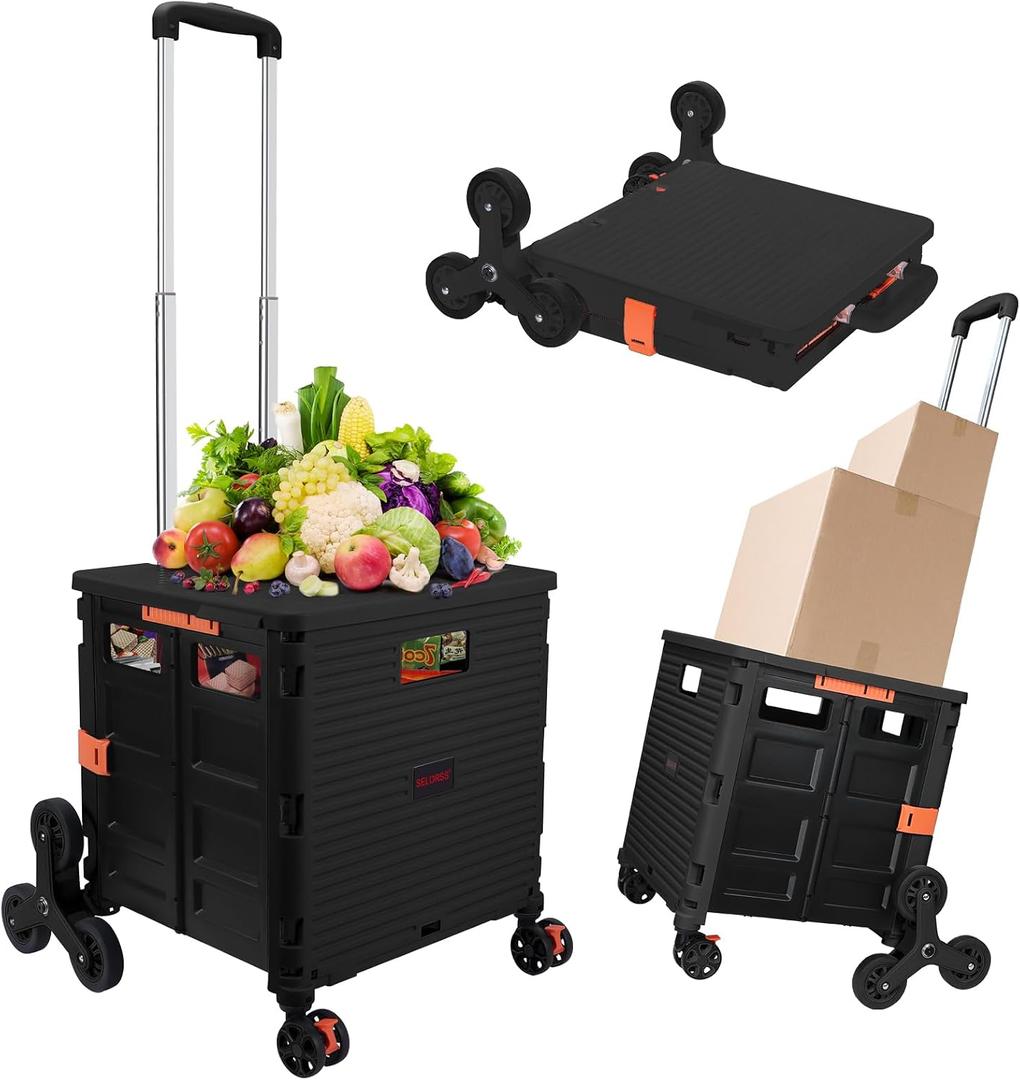 Foldable Utility Cart Collapsible Crate Rolling Carts with Stair Climbing Wheels Rolling Tote Basket Teacher Cart with Lid Wear-Resistant 360°Rotate Wheel Noiseless for Shopping Grocery Office