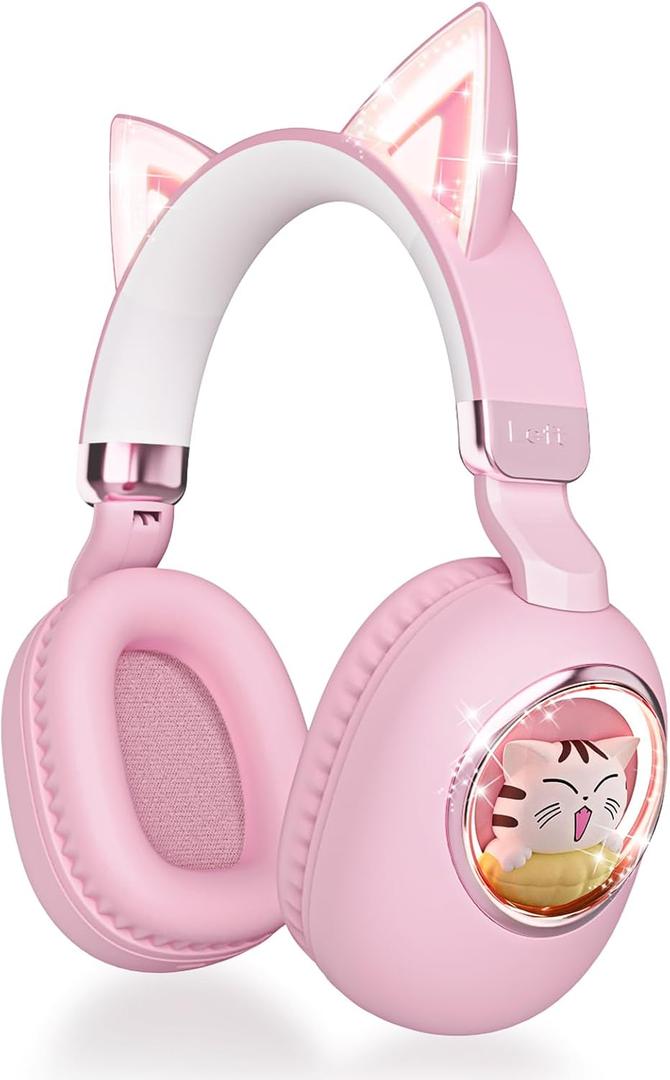 esonstyle Kids Headphones Cat Ear  Bluetooth 5.4 OverEar Noise Cancelling Headphones with Microphone LED Lights Up 85dB Safe Volume Limit Wireless or 3.5mm Wired USB C for Travel iPad Tablet (Pink)