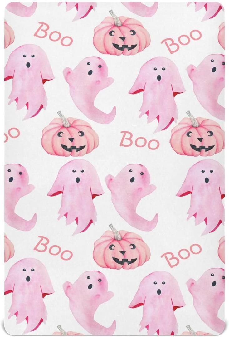 Halloween Ghosts Pink Crib Sheets Soft Breathable Fitted Baby Crib Sheets Mattress Cover for Girl Boys, 52" x 28" x 9" (Multicolor-1)