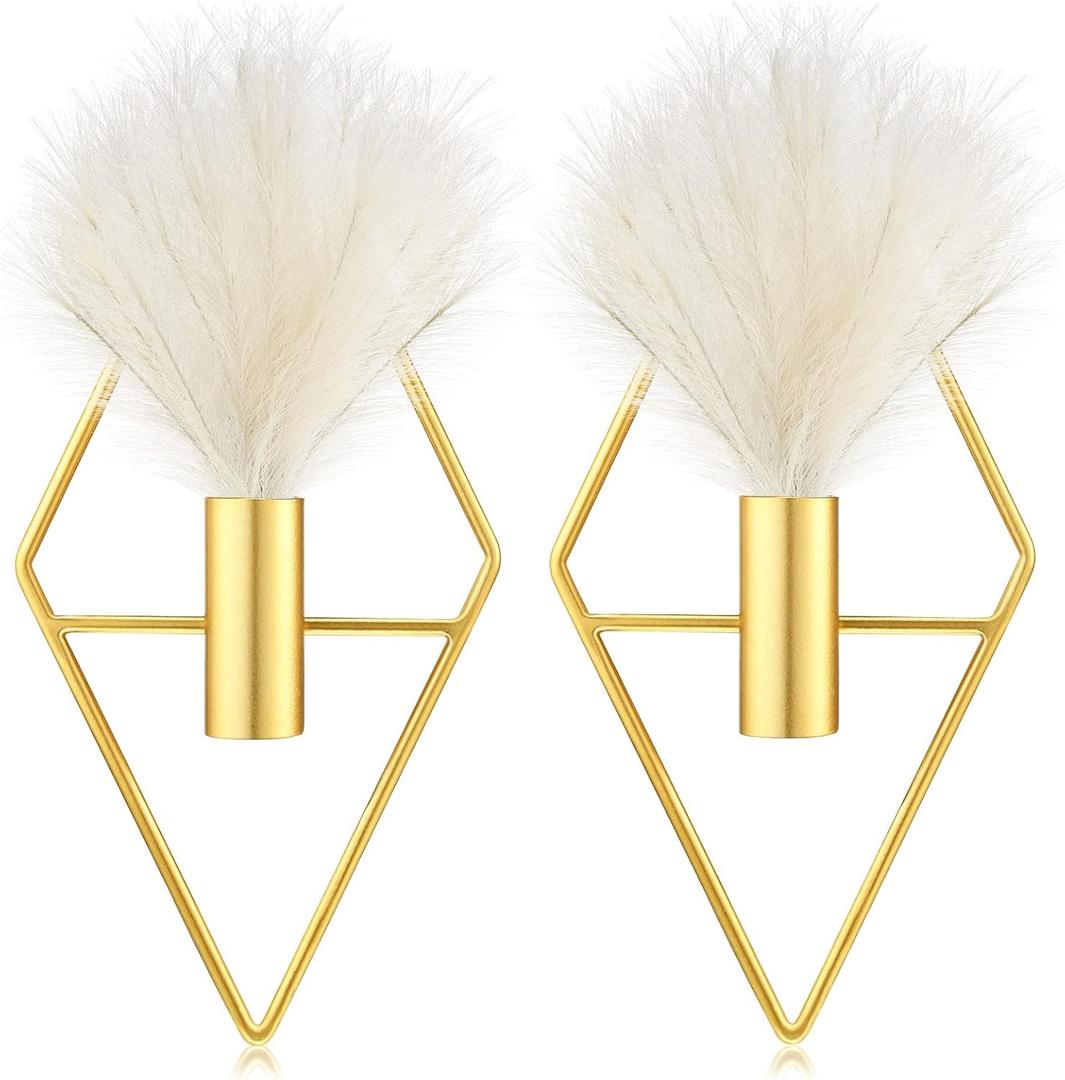 Peryiter 2 Pcs Boho Wall Decor Metal Gold Wall Art Hanging Planters with Artificial Pampas Modern Home Decor Display Art for Living Room Bedroom Bathroom(Rhombus)