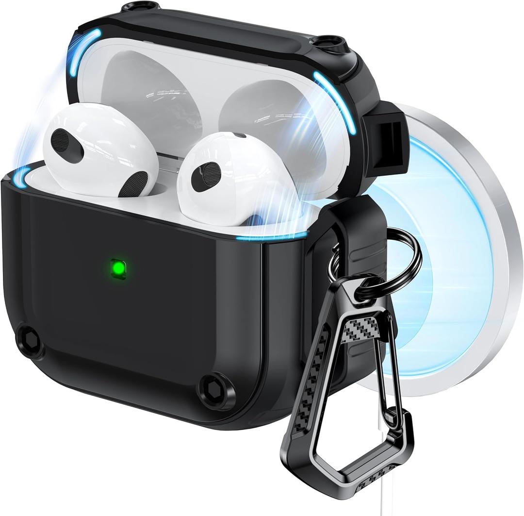 RFUNGUANGO for AirPods 3rd Generation Case Cover with Cleaner Kit,Powerful Drop Protection, Magnetic Lid, for AirPod Gen 3 Charging Case 2021, Black