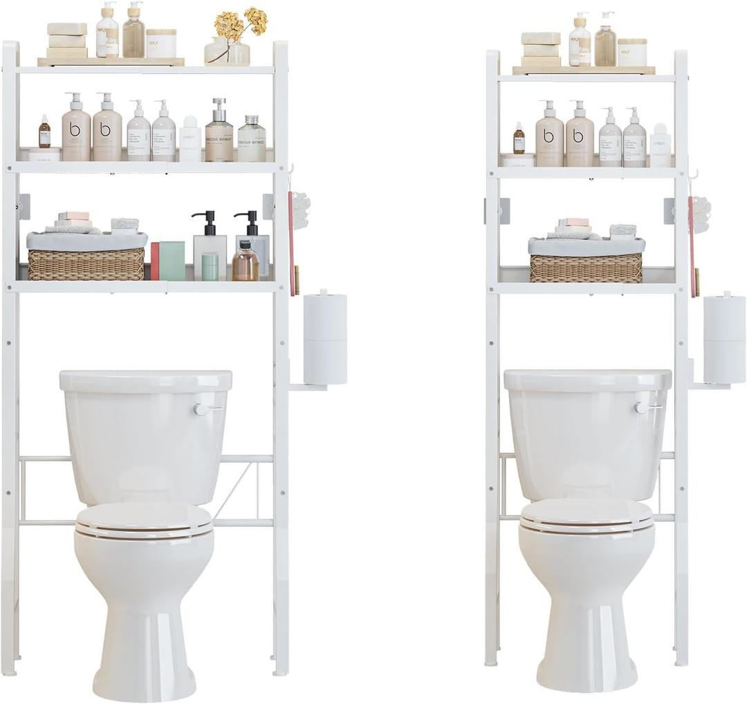 Over the Toilet Storage Shelf 3-Tier Adjustable Bathroom Organizers and Storage Shelves Bathroom Rack Above Toilet Storage with Paper Holder and 4 Hooks Space Saver Storage for Laundry