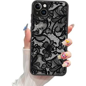 Magnetic Phone case for iPhone 14 6.1 Inch, Grade Protection & Wireless Charging - Aesthetic Lace Flower Pattern Phone Cover for Girls Women -Black Vintage Lace