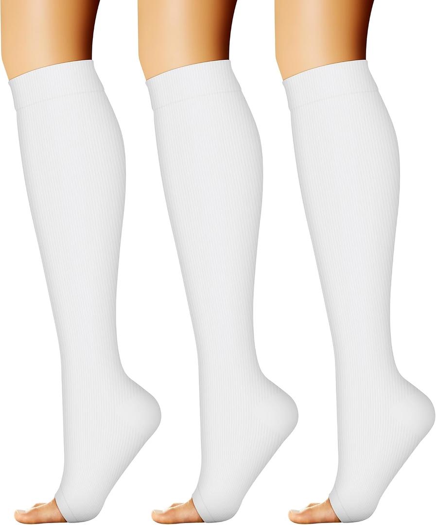 CHARMKING 3 Pairs Open Toe Compression Socks for Women & Men Circulation 15-20 mmHg is Best Support for All Day Wear (White, XXL)