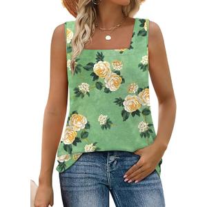 WIHOLL Tank Tops for Women Summer Outfits 2025 Square Neck Casual Shirts Blouses (X-Large, 0-green Flower)
