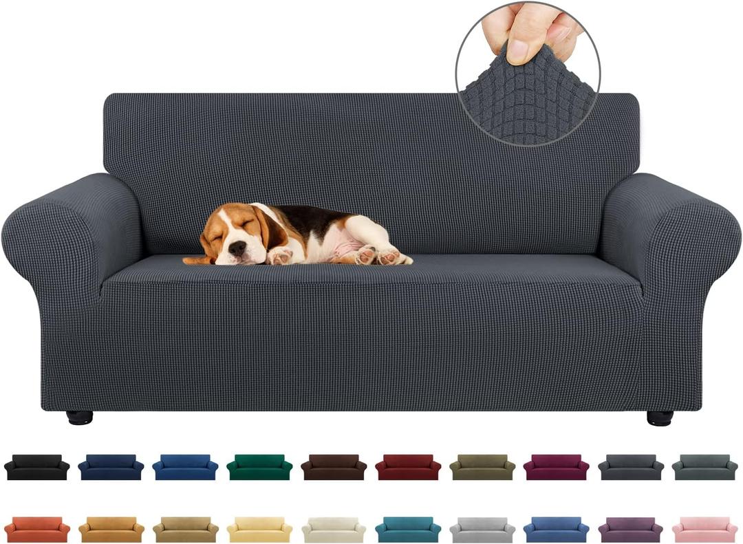 KEKUOU Stretch Loveseat Sofa Cover Slipcover,Couch Covers for 2 Cushion Couch Sofa (55"-78") Furniture Protector Sofa with Elastic Bottom for Kids,Dog. Jacquard Small Checked (Medium,Charcoal)