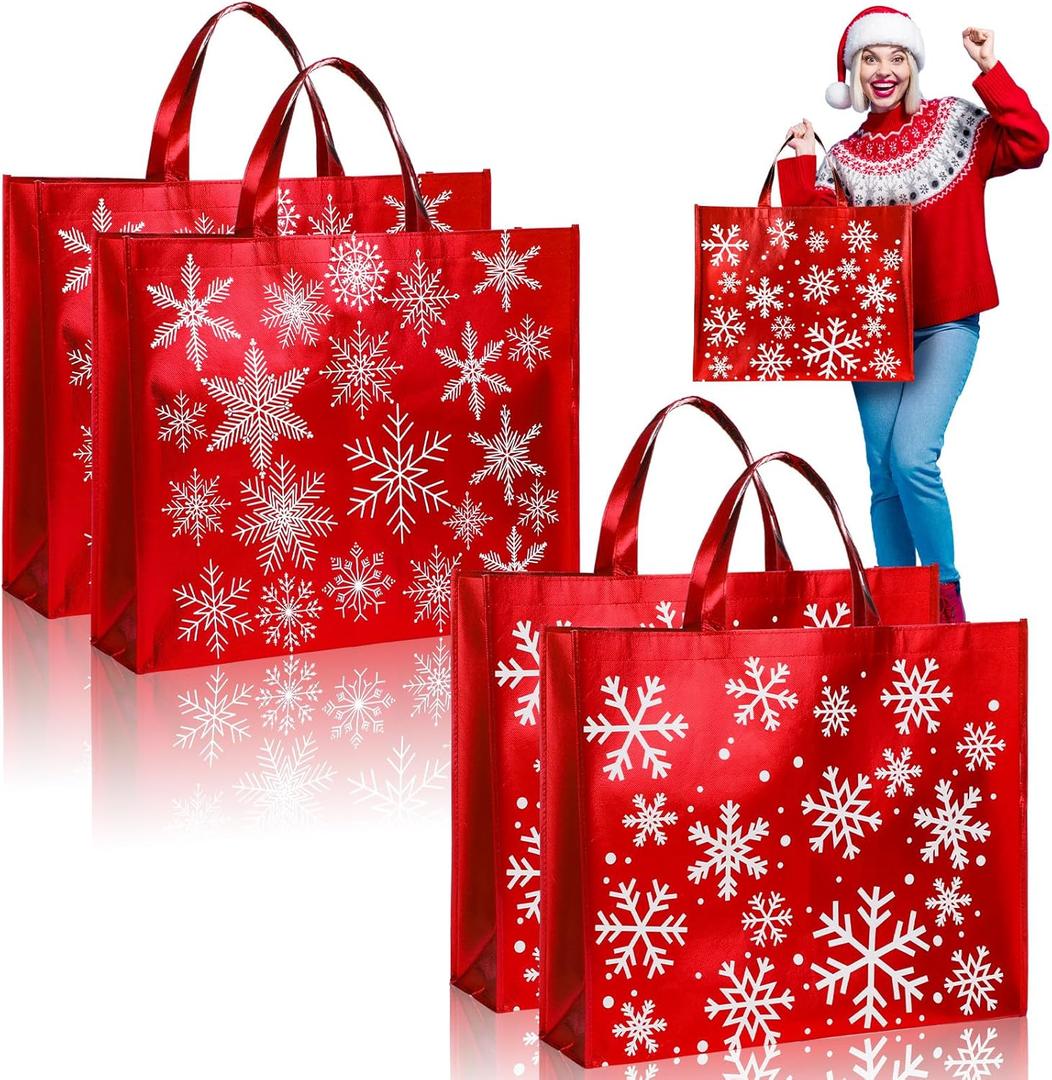 PerKoop 4 Pcs Extra Large Christmas Iridescent Gift Bags 20 x 16 Inch Holographic Snowflake Tote Bags with Handles Reusable Jumbo Frozen Gifts for Holidays Xmas Wrapping Party Favor Supplies (Chic)