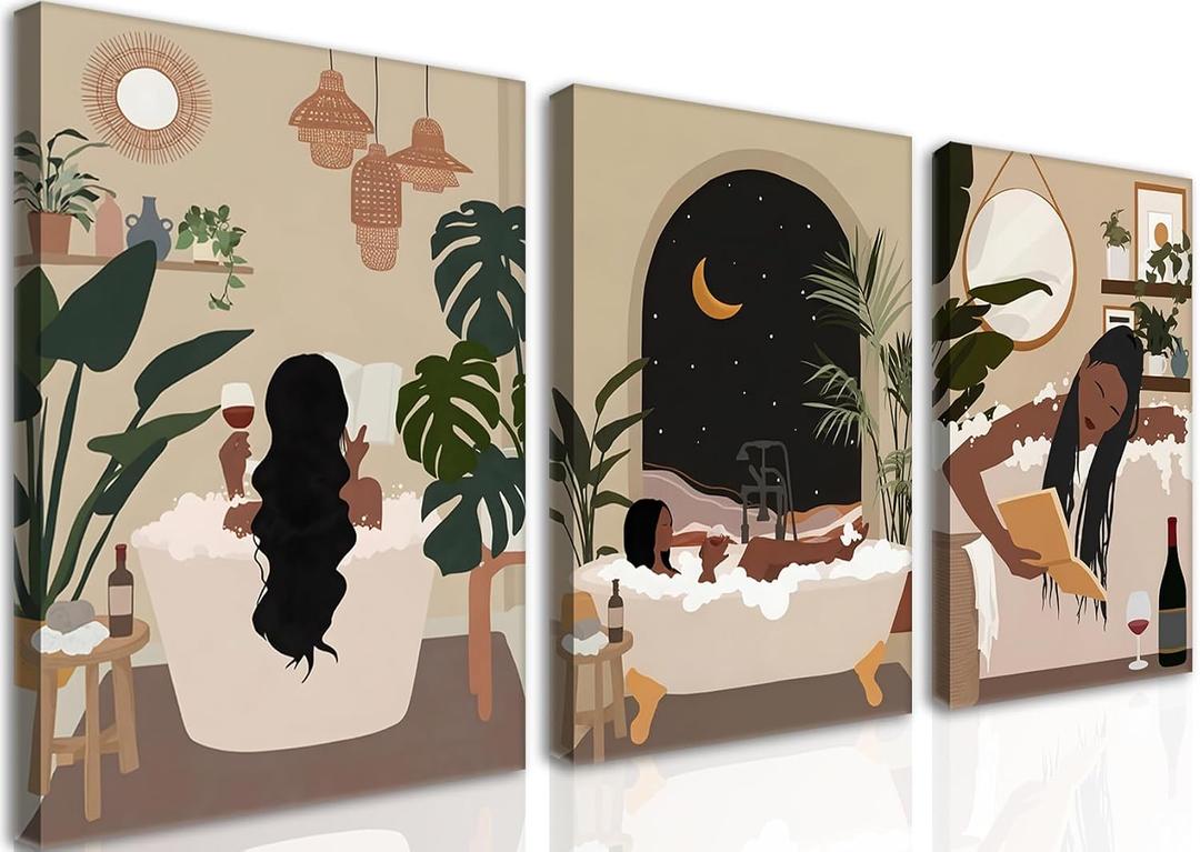 Black Girl Bathroom Wall Art Set of 3, Fashion Boho Black Woman Canvas Wall Decor Paintings, Abstract African American Women Posters Prints Pictures for Bathroom Restroom Decor 16x24 Inch Framed