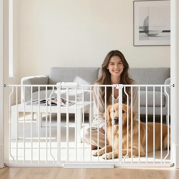 57.5"-62" Extra Wide Auto Closing Baby Safety Gate for Stairs & Doorways, Pressure Mounted No Drill Pet Gate with Walk-Through Door - Heavy Duty Childproof Gate for Toddlers, Kids, Dogs (White)