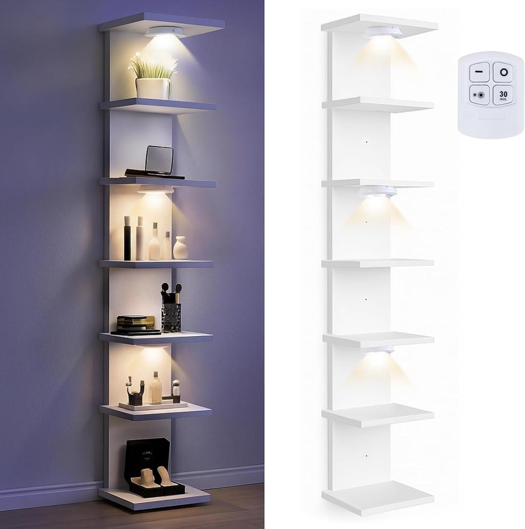 Pinkunn 2 Pack 7-Tier LED Floating Wall Shelf with Remote, 77in Tall Adjustable Lighting Wall Shelf Unit, Vertical Storage Display Organizer Floating Rack for Bedroom, Living Room, No Battery(White)